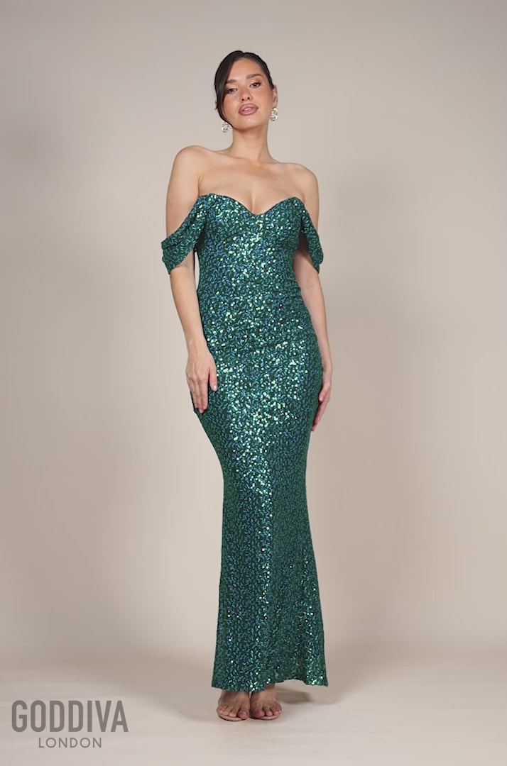 Off The Shoulder Sequin Wing Maxi - Emerald Green DR2791