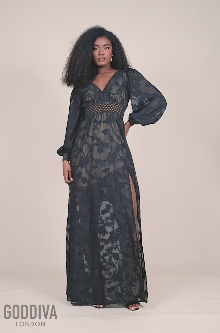 Jacquard Lurex Burnout Front Split Maxi Dress - Black DR4298