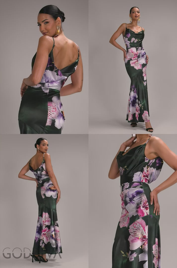 Floral Print Satin Cowl Neck Maxi Dress - Emerald Green DR5191
