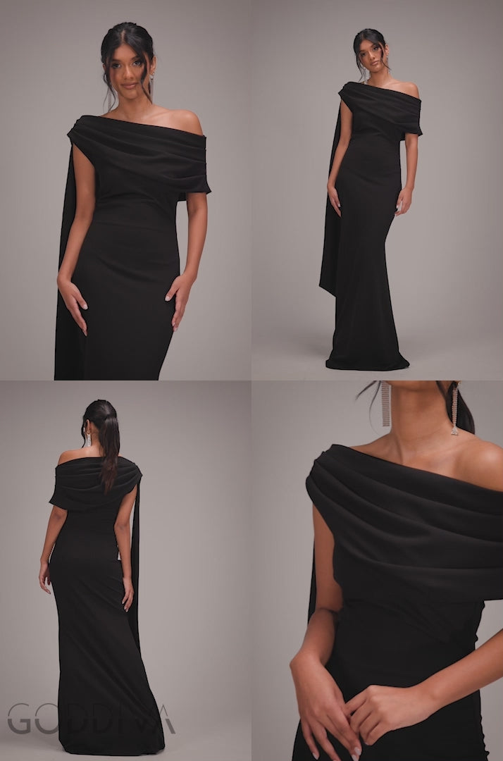 Sash One Shoulder Bardot Maxi Dress - Black DR4830