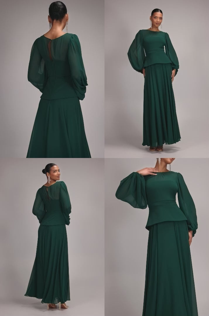 Bishop Sleeve Peplum Top Scuba Crepe And Chiffon Maxi Dress - Emerald Green DR4916