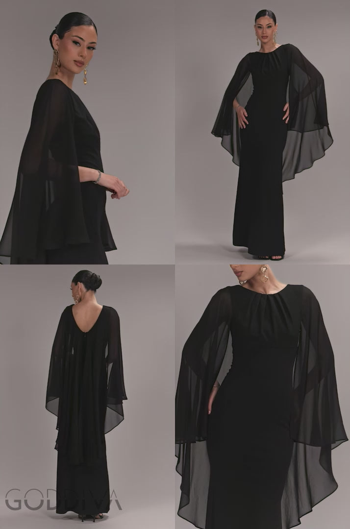 Cape Sleeve Chiffon And Scuba Crepe Maxi Dress - Black DR4900