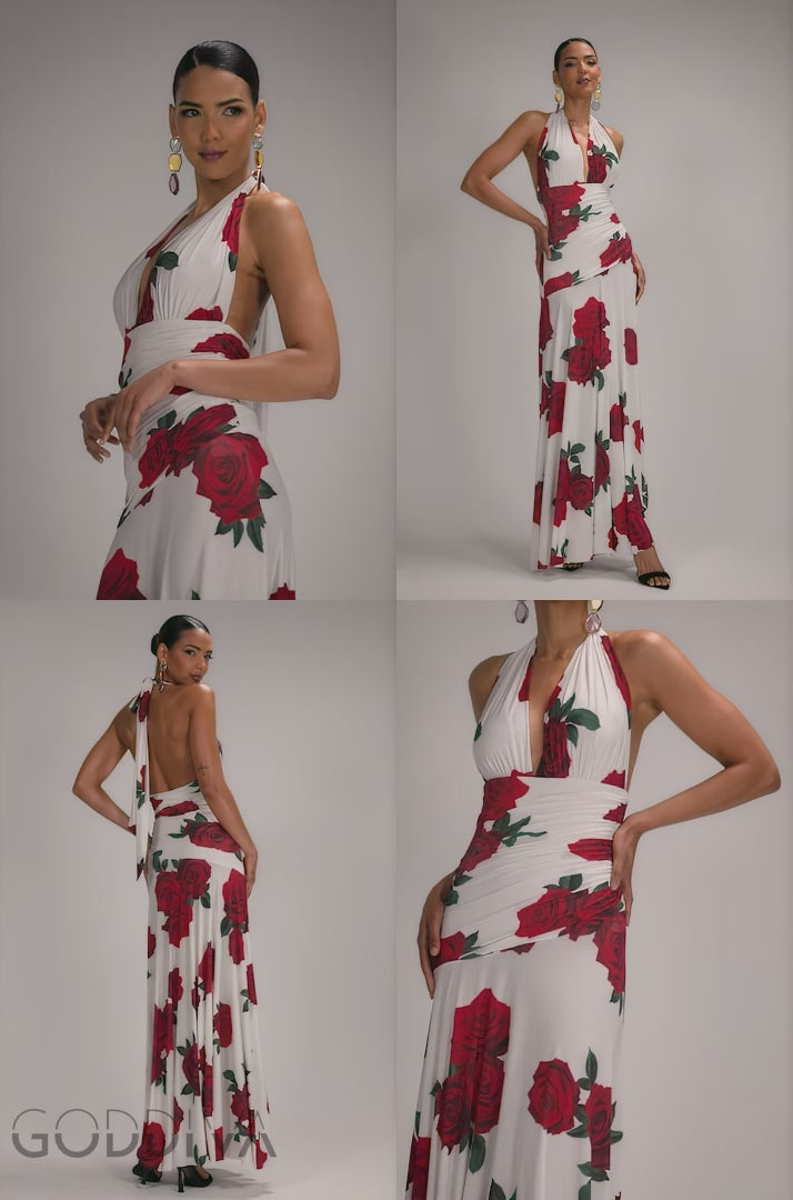 Floral Halter Neck Empire Waist Gathered Maxi Dress - Rose Print DR5259