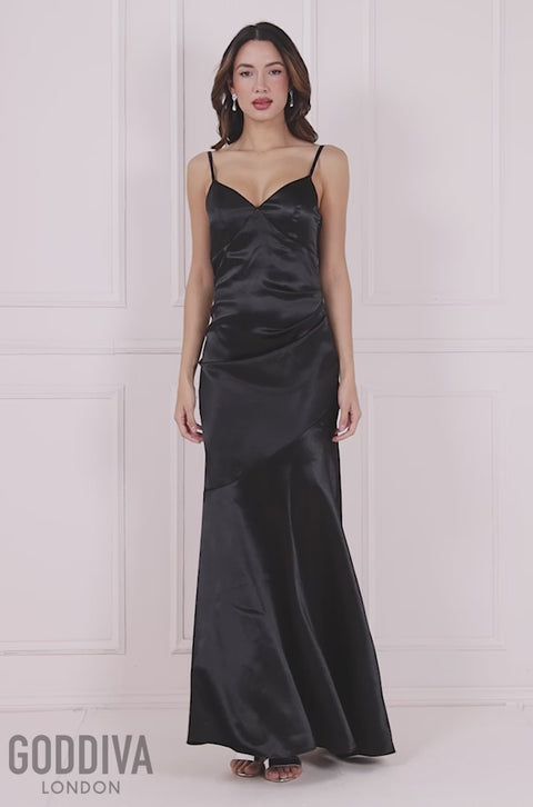 Goddiva Cowl Back Satin Maxi Dress - Black