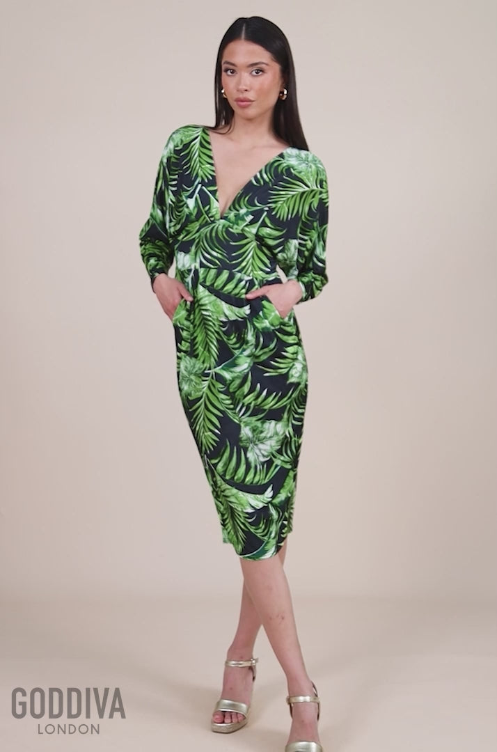 Tropical Print Midi With Batwing Sleeves - Green DR3662