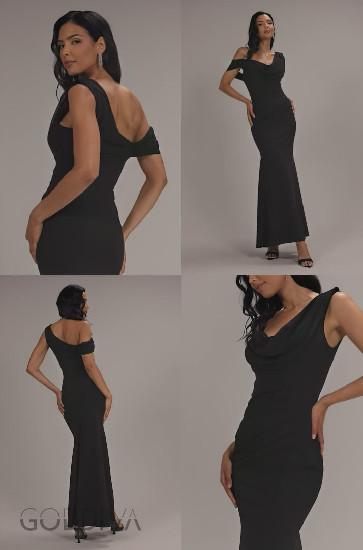 Cowl Neck One Shoulder Scuba & Chiffon Maxi Dress - Black DR4137