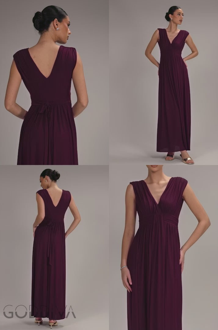 Gathered Shoulder Wrap Neck Draped Waist Maxi Dress - Burgundy DR5005