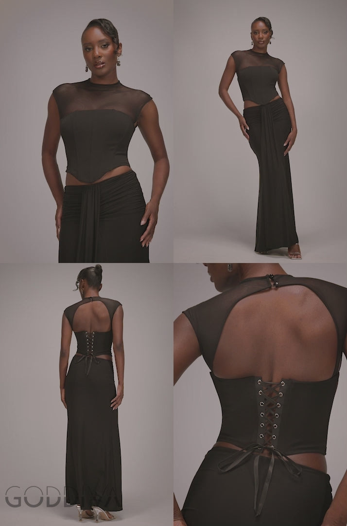 High Neck Open Back Lace Up Scuba Corset Top - Black T226