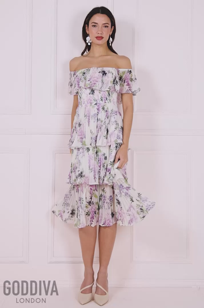 Shirred Chiffon Floral Bardot Midi Dress - Multi DR3810QZ