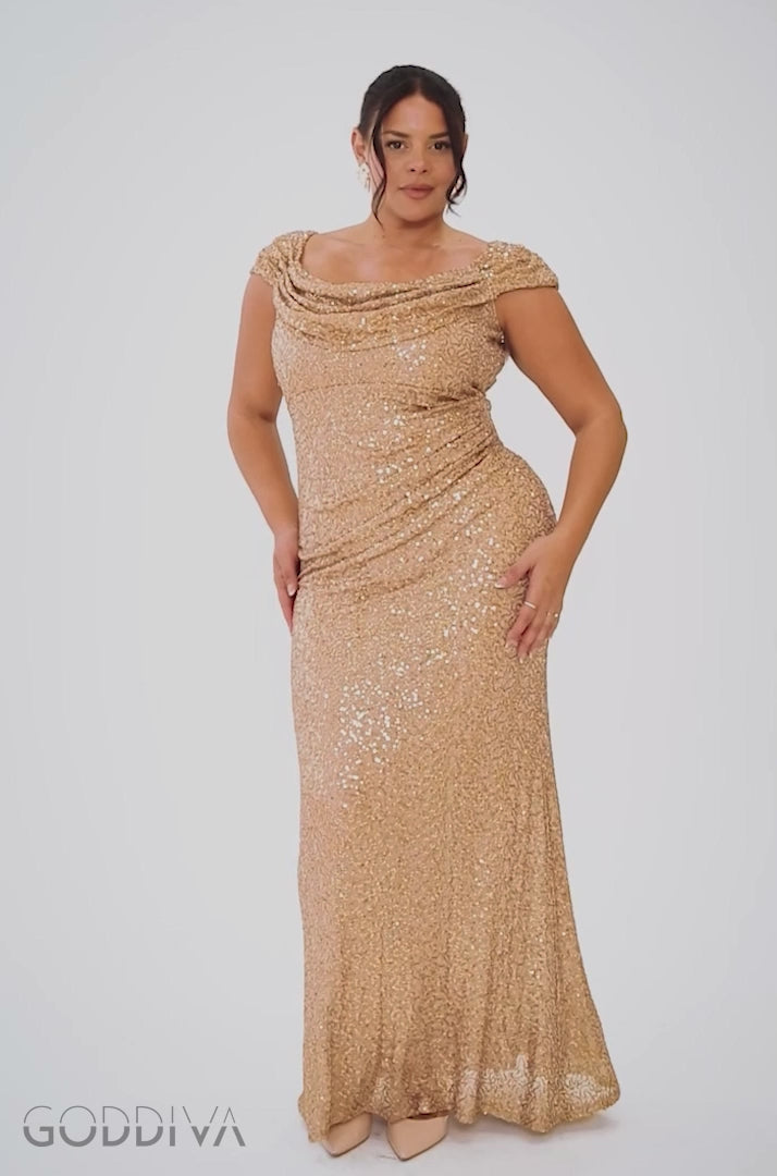 Cap Sleeve Iridescent Sequin Cowl Maxi Dress - Gold DR4633PLUS