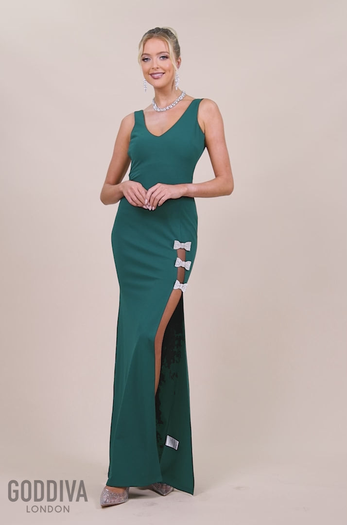 Diamante Brooch Thigh Split Mermaid Maxi Dress - Emerald DR4433