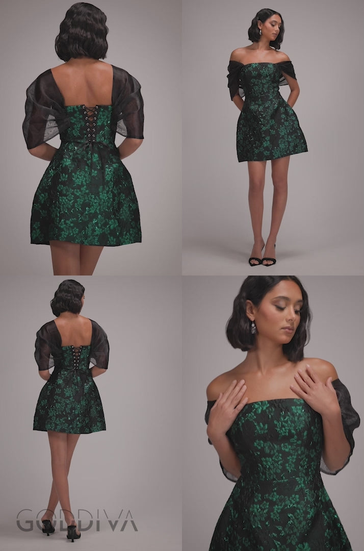 Lace Up Jacquard Mini Dress With Organza Wings - Emerald Black DR4781
