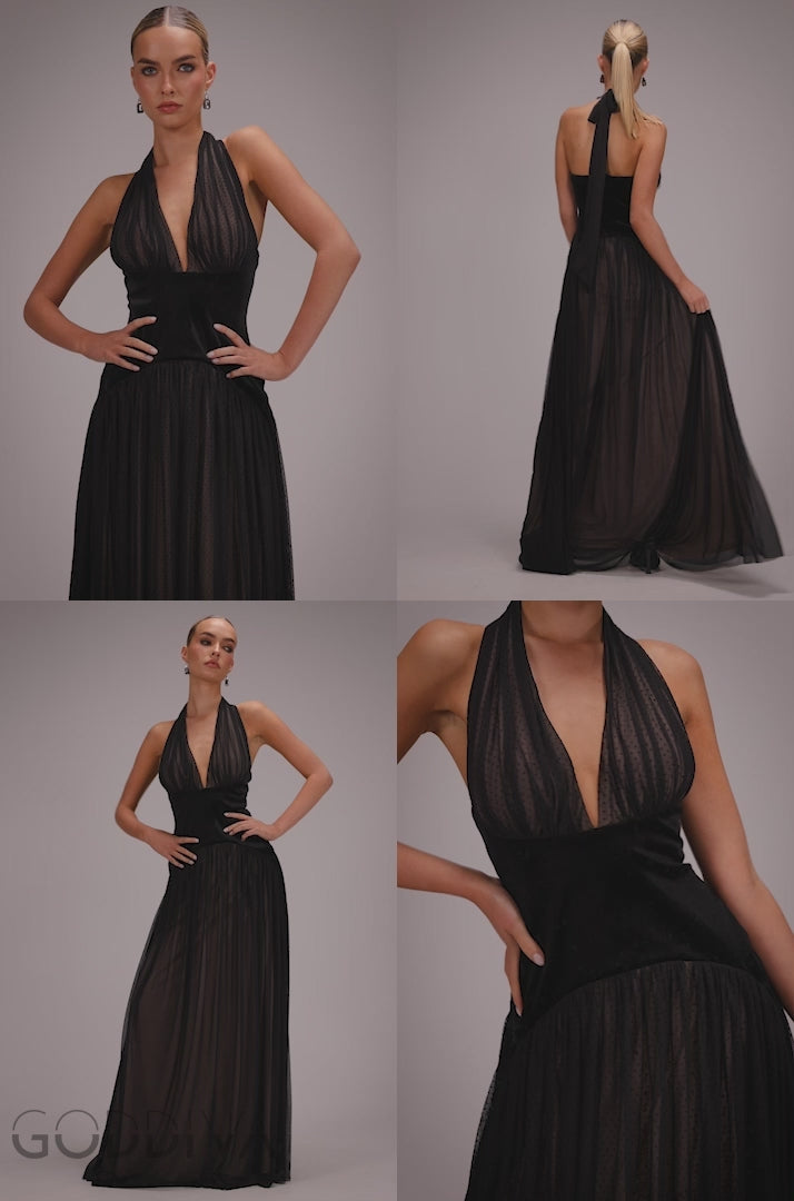 Velvet And Dobby Mesh A Line Halter Maxi Dress - Black DR4842