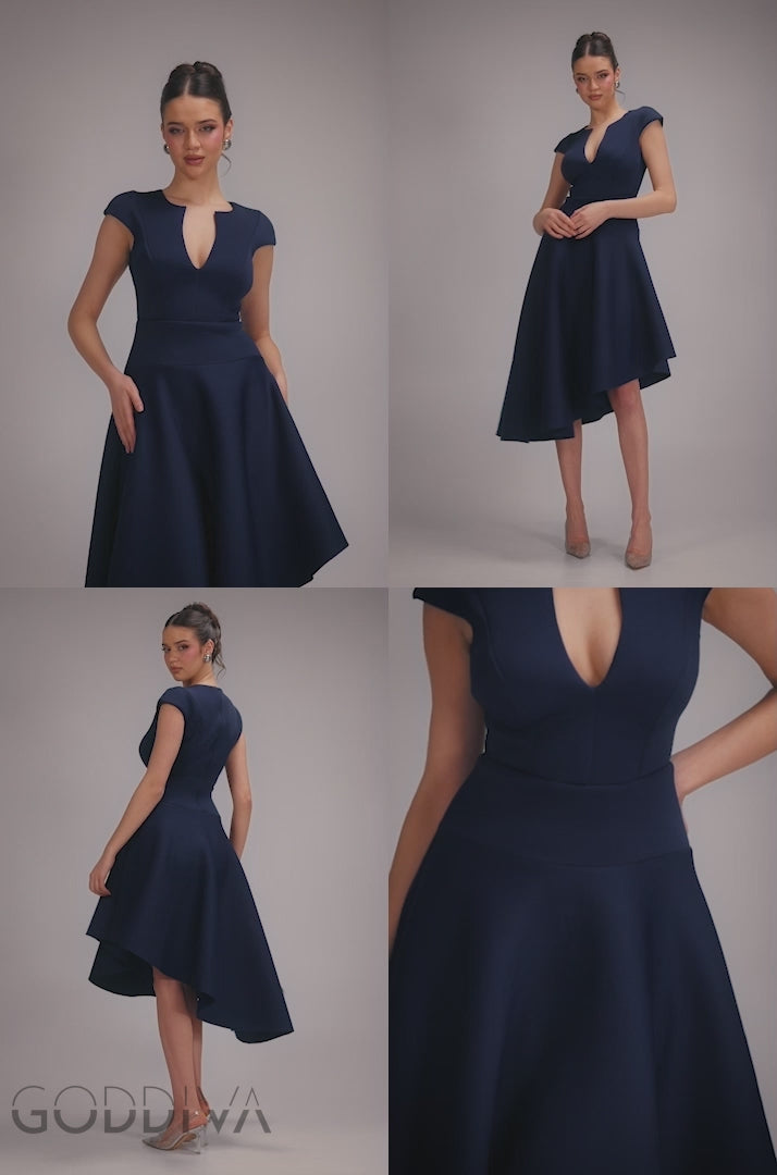 Cap Sleeve Skater High Low Midi Dress - Navy Blue DR5100