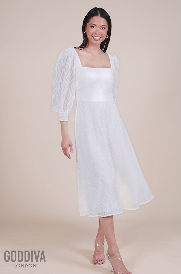 Puff Sleeve Side Slit Flared Jacquard Chiffon Midi Dress - Cream DR4447