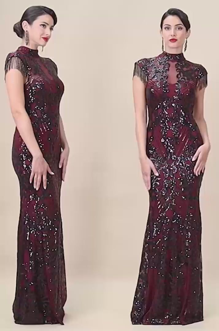 Embroidered Sequin Beaded Cap Sleeve Maxi - Burgundy DR3591