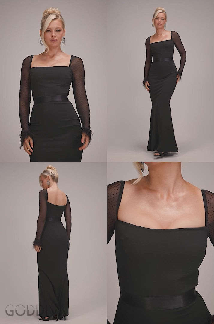 Dobby Mesh Feather Sleeve Evening Maxi Dress - Black DR4703