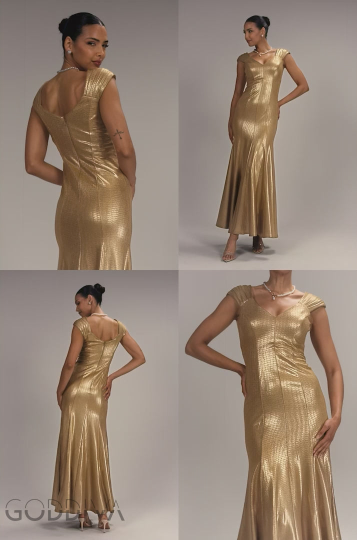 Capped Sleeve V Neck Pleated Fit & Flare Maxi Dress - Gold DR5117