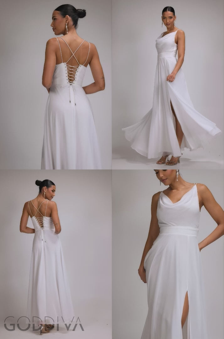 Chiffon Cowl Twisted Rope Strap Lace-up Flared Maxi Dress - Ivory DR4937
