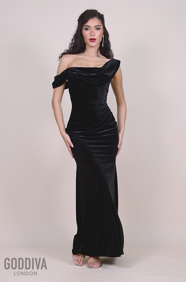 Cowl One Shoulder Velvet Maxi Dress - Black DR4504