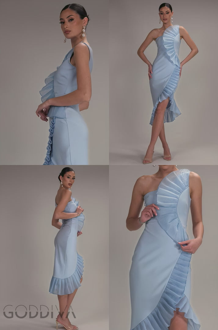 One Shoulder Pleated Fan Midi Dress - Powder Blue DR4872