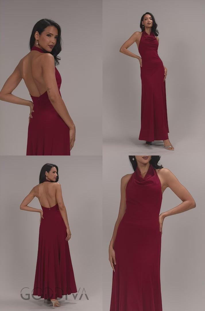 Halterneck Cowl Neck Backless Scuba Crepe Maxi Dress - Burgundy DR5148