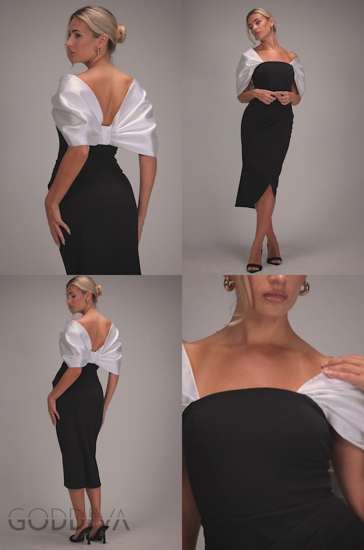 Contrast Off Shoulder Back Satin Bow Scuba Midi Dress - Black Cream DR4939