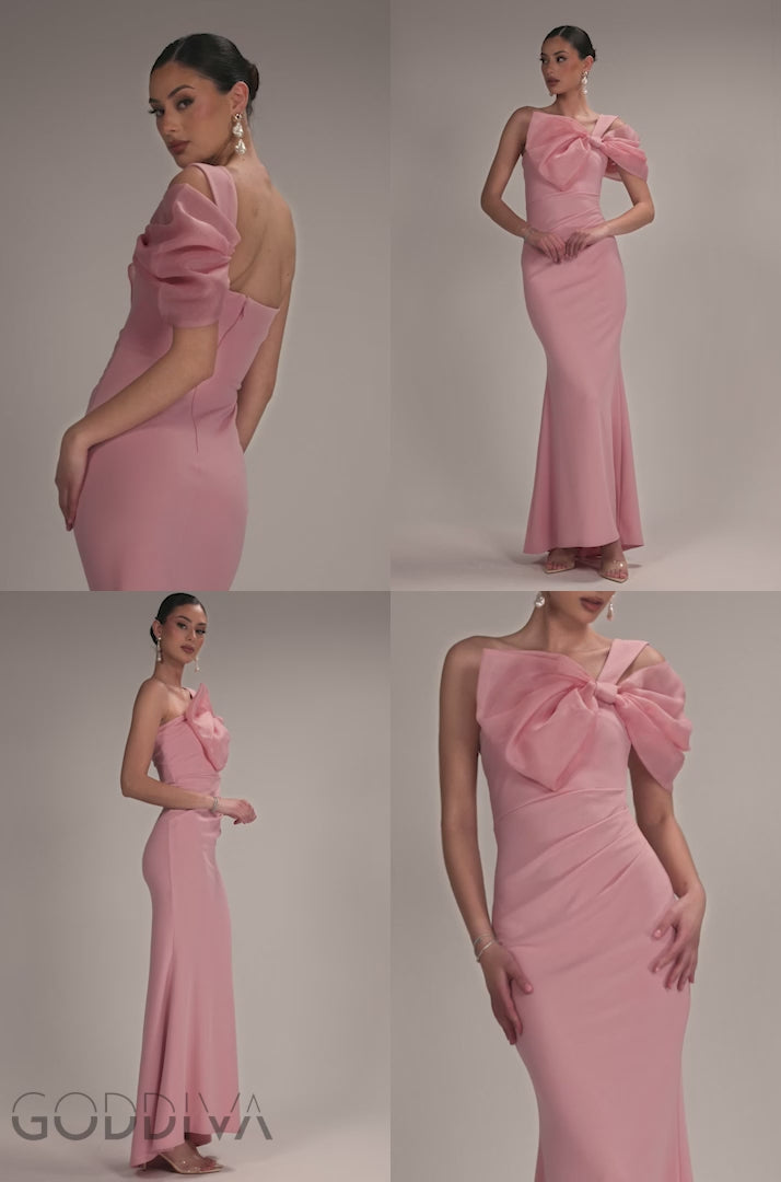Organza Bow One Shoulder Scuba Crepe Maxi Dress - Blush Pink DR4812