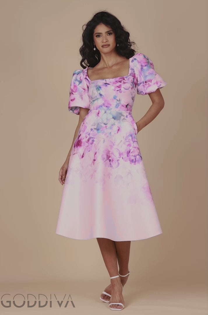 Printed Scuba Square Neck Puff Sleeve Midi Dress - Blush Pink DR4650