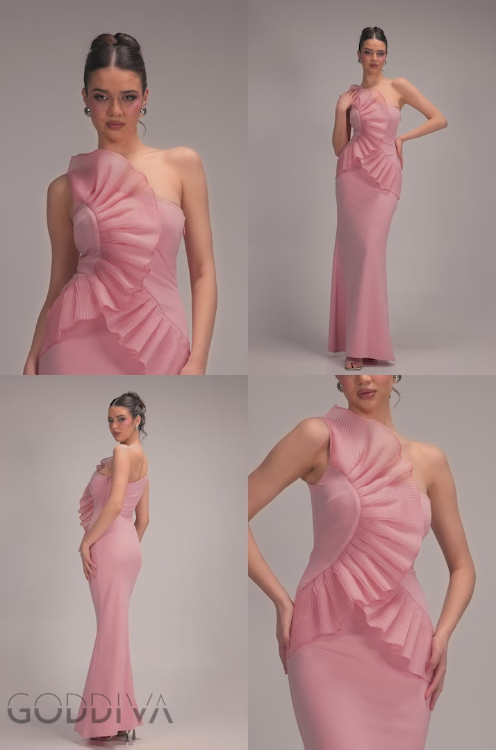 One Shoulder Pleated Fan Maxi Dress - Blush Pink DR4075