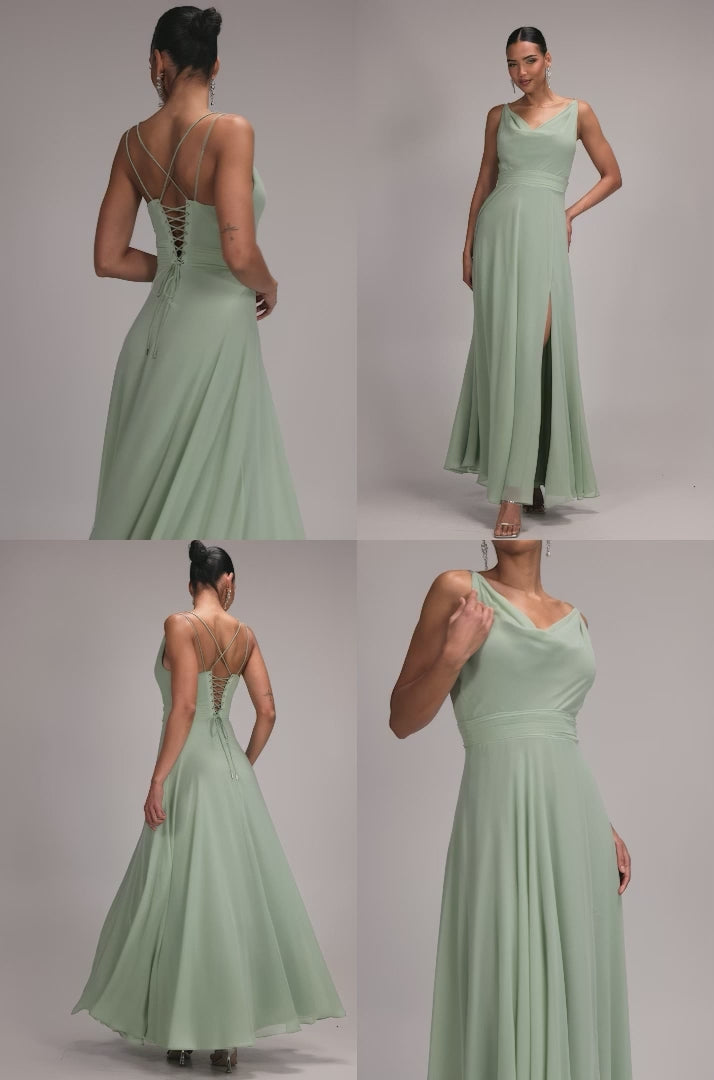 Chiffon Cowl Twisted Rope Strap Lace-up Flared Maxi Dress - Sage Green DR4937
