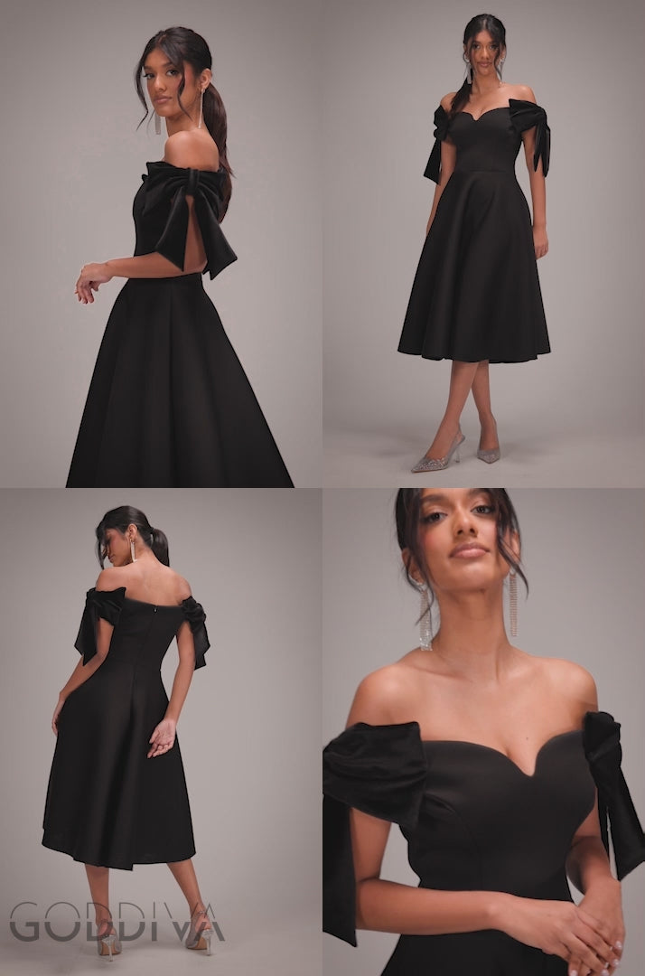 Scuba Off The Shoulder Velvet Bow Skater Midi Dress - Black DR4935