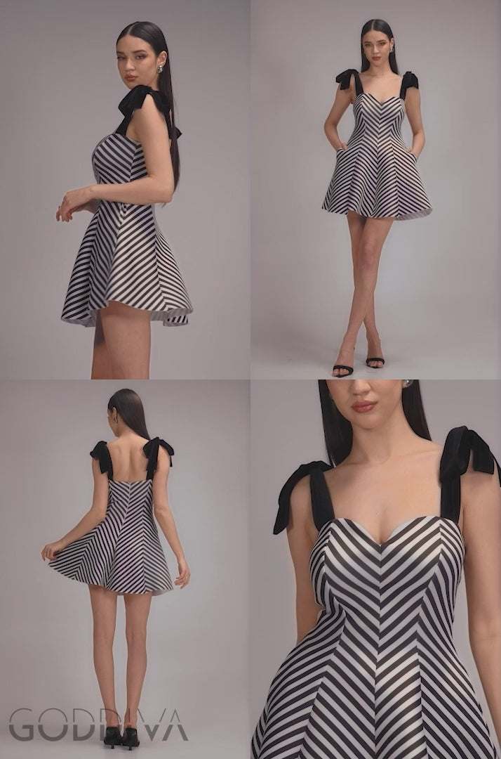 Diagonal Stripe Velvet Bow A Line Mini Dress - Black White DR5098