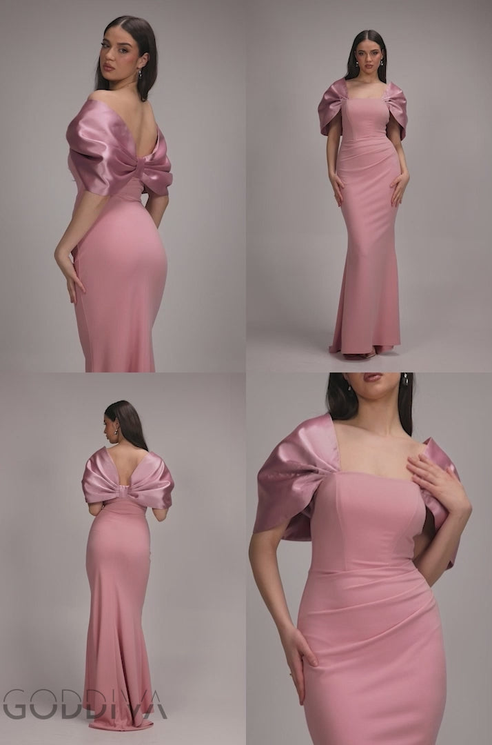 Off Shoulder Back Satin Bow Scuba Maxi Dress  - Blush Pink DR4708