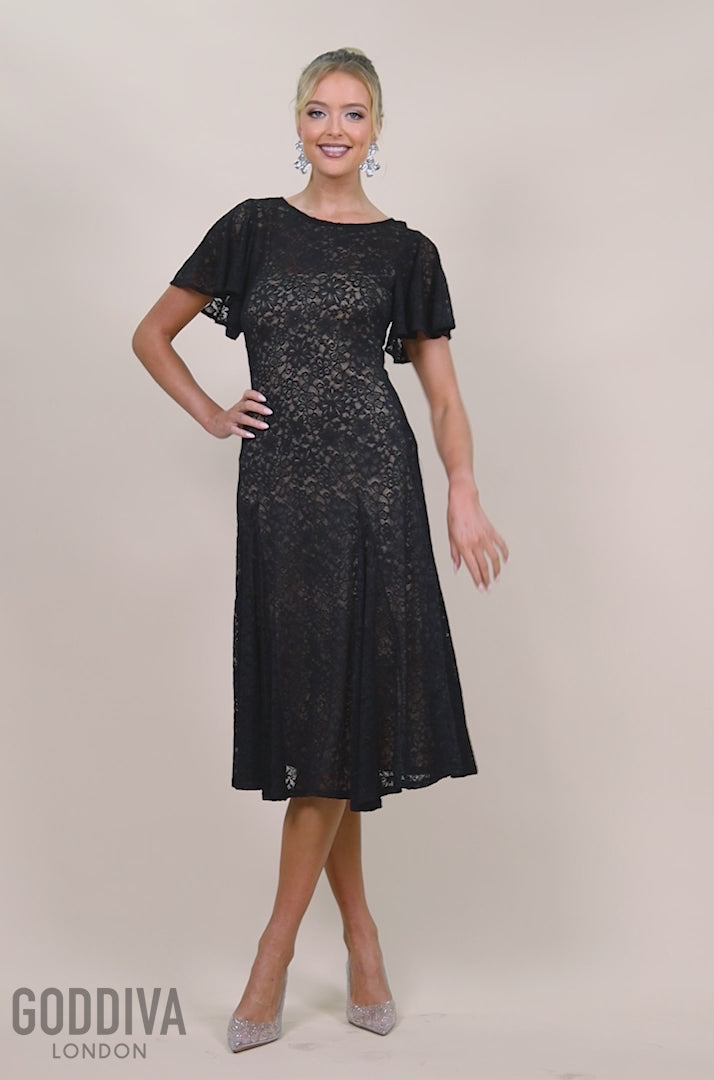 Flutter Sleeve Lace A-Line Midi Dress - Black DR4498