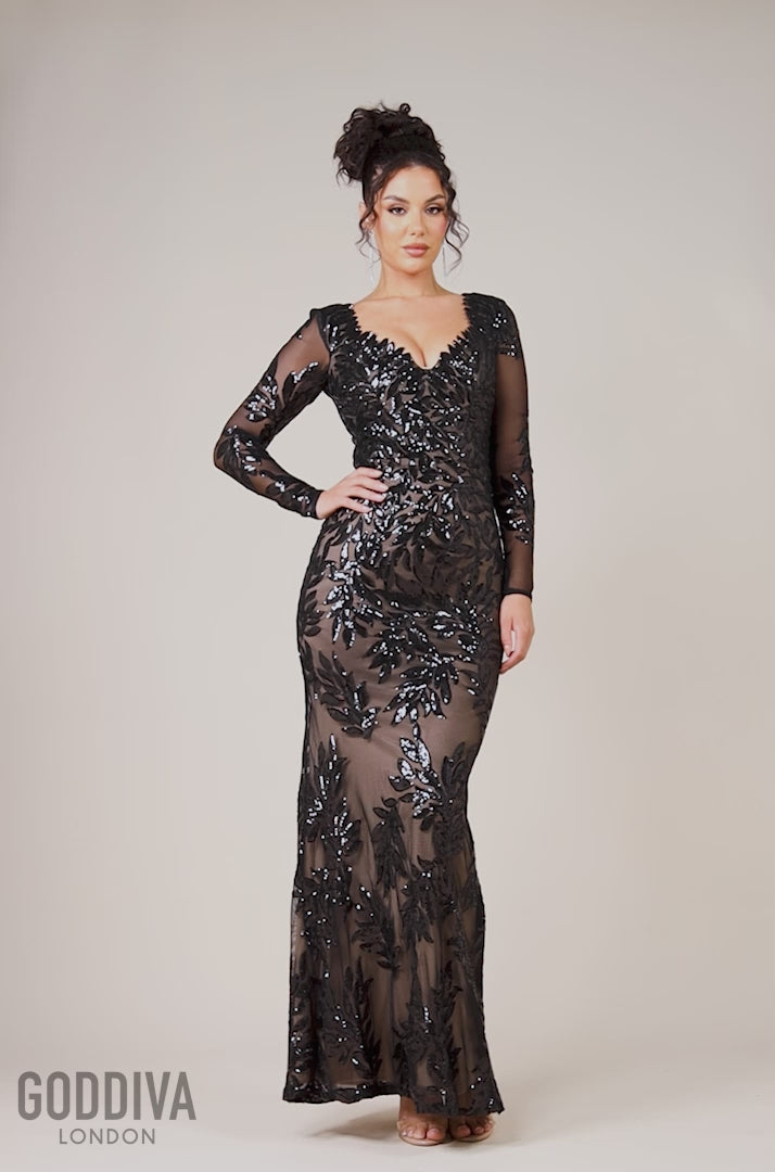 Long Sleeve Sequin Leaf Long Sleeve Maxi Dress - Black DR4359