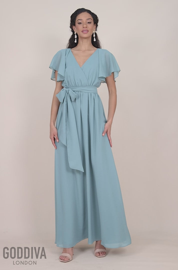 Sustainable Chiffon Flutter Sleeve Wrap Maxi Dress - Sagegreen DR2486BBS