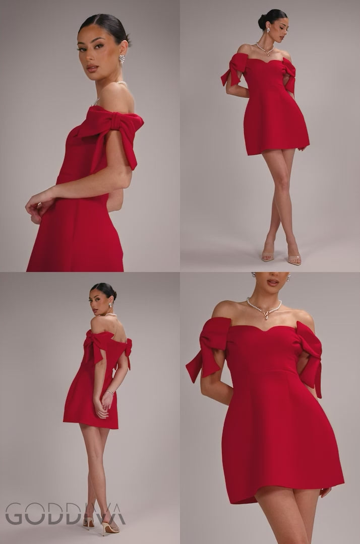 Bardot Plunge Neck Bow Sleeve Skater Mini Dress - Red DR5125