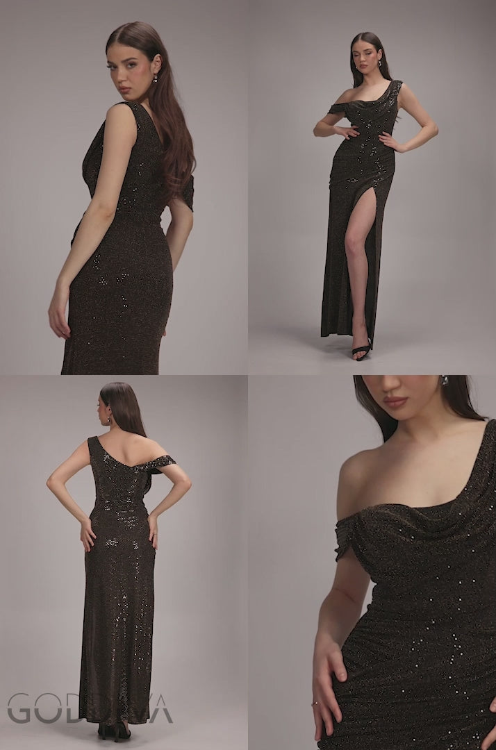 Cowl Neck Glitter Draped Maxi Dress - Black DR4837