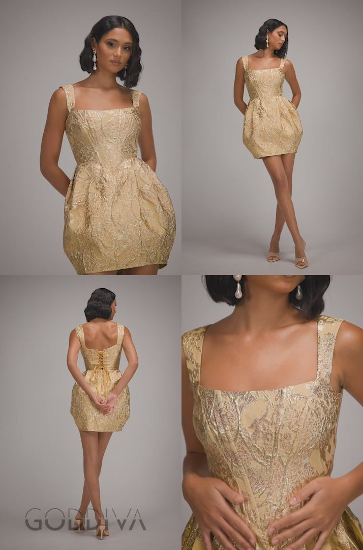 Corset Balloon Skirt Lace Up Back Mini Dress - Gold DR4778