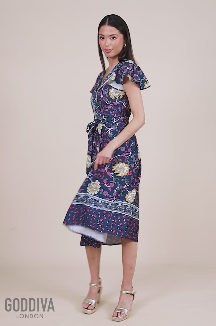 Floral Print Wrap Midi With Flutter Sleeves - Navy Print DR3440