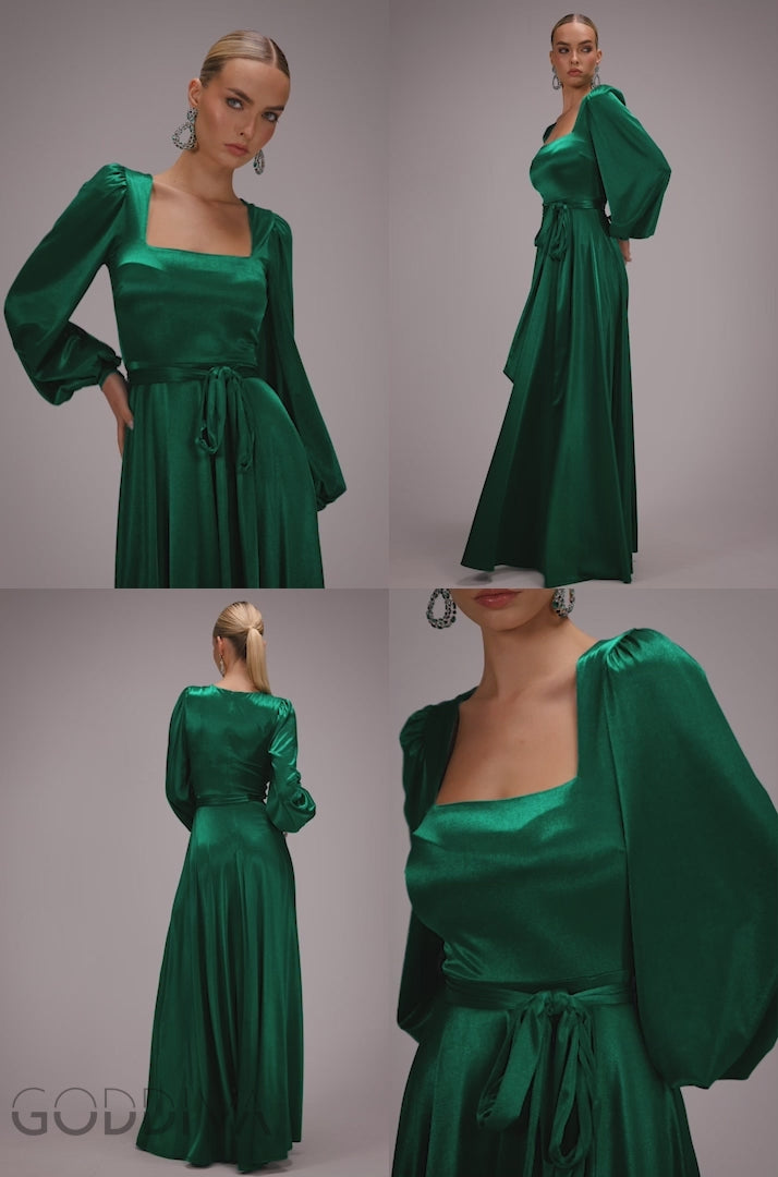 Satin Square Neck Bishop Sleeve A Line Maxi Dress - Emerald Green DR4919BR