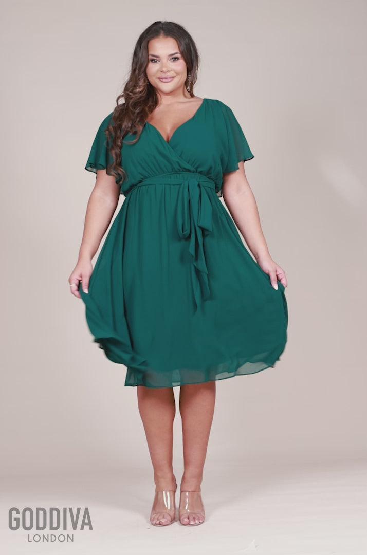 Flutter Sleeve Wrap Midi Dress - Emerald Green DR2555P