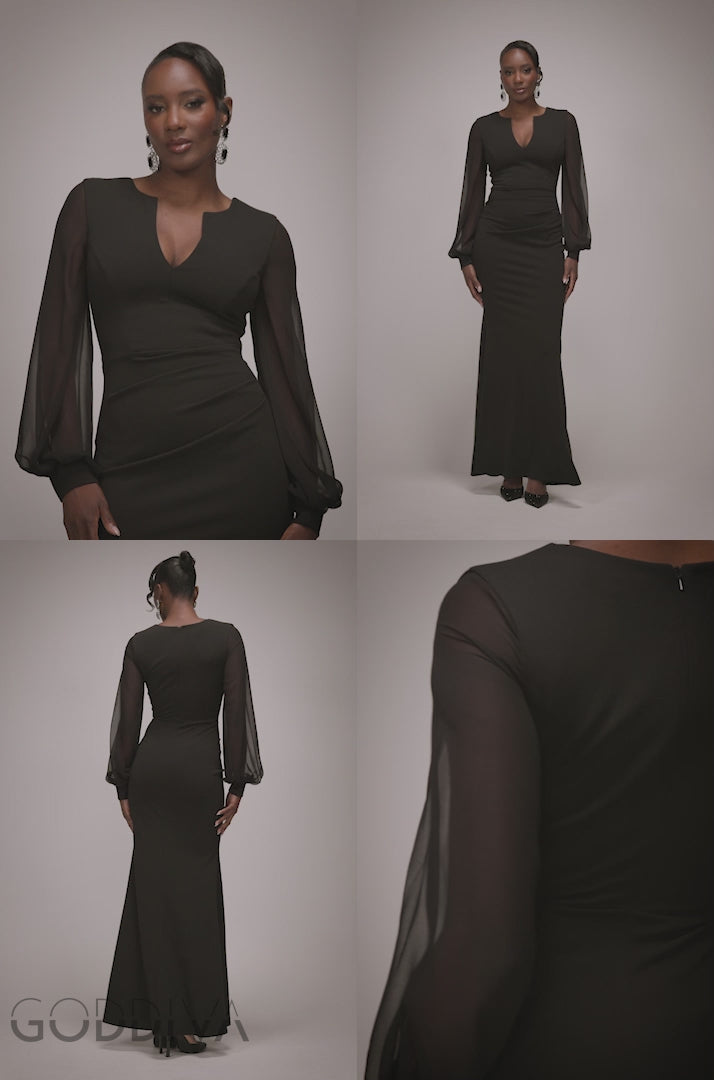 Chiffon Cuffed Balloon Sleeve Scuba Maxi Dress - Black DR4840