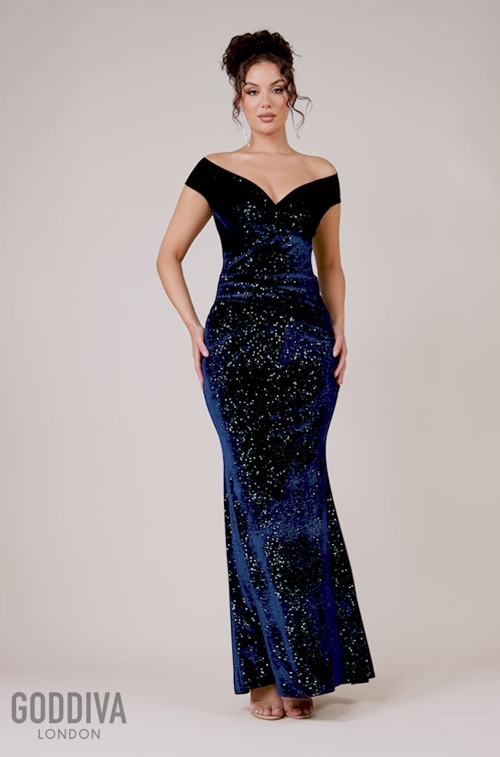 Shimmer Velvet Bardot Maxi Dress - Navy DR4643