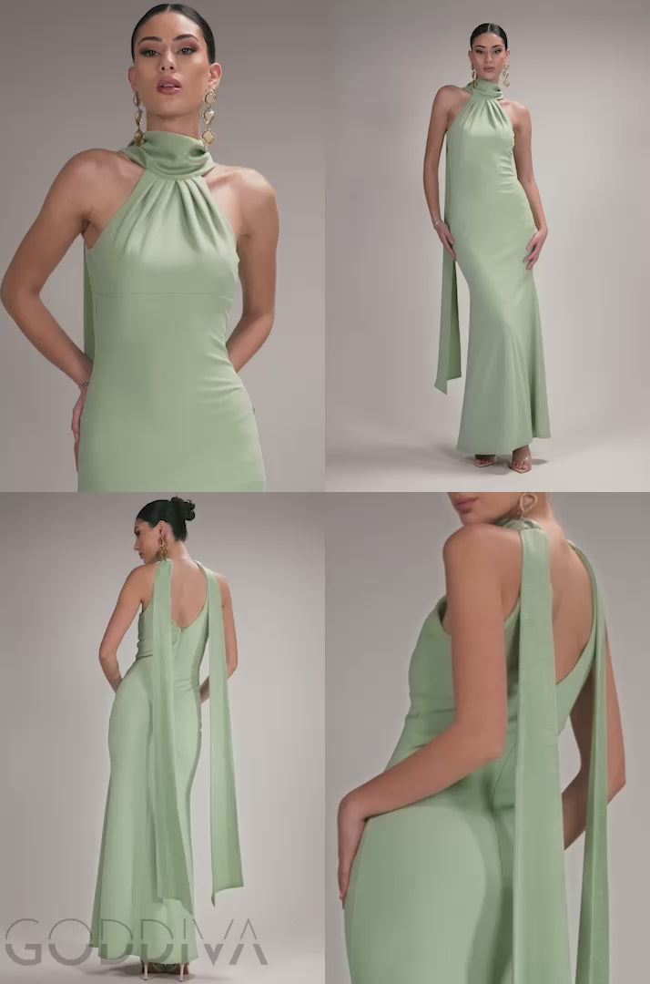 Scuba & Velvet Satin Cape Sleeve Halterneck Maxi Dress - Sage Green DR4973