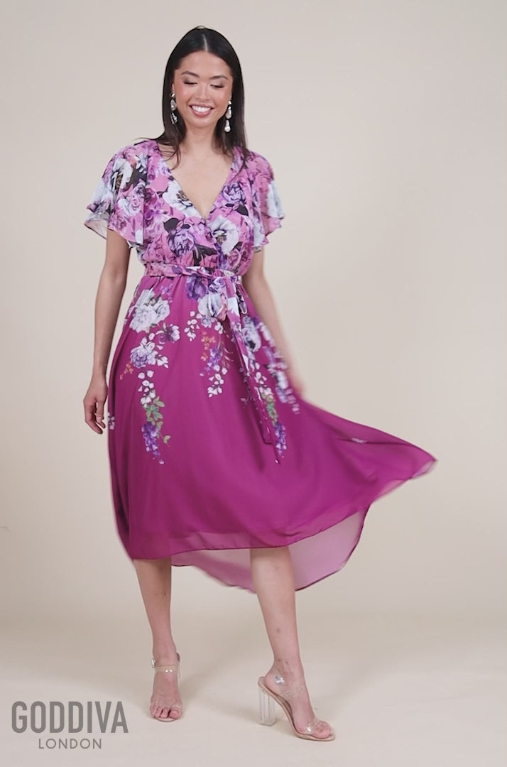 Flutter Sleeve A-Line Chiffon Floral Printed Midi Dress - Magenta DR4481