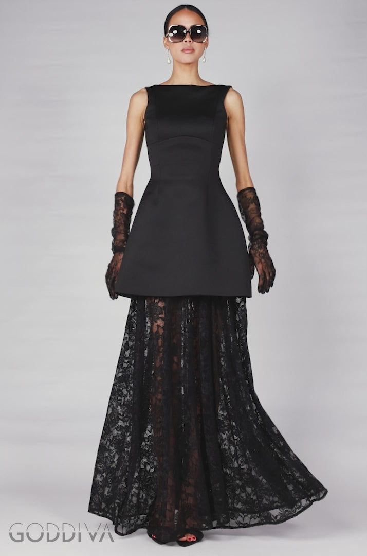 Boatneck Mini With Lace A-Line Skirt & Gloves - Black LOOK13