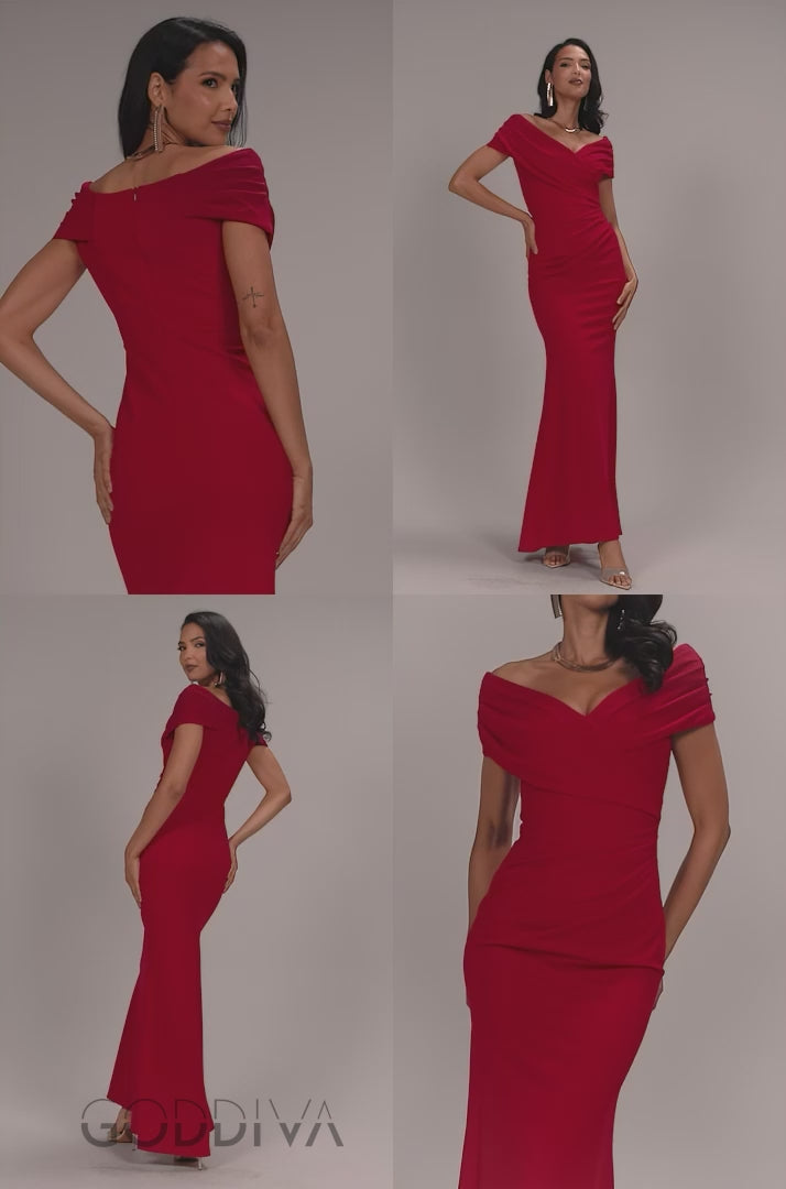 Pleated Bardot Wrap Mermaid Maxi Dress - Red DR5289
