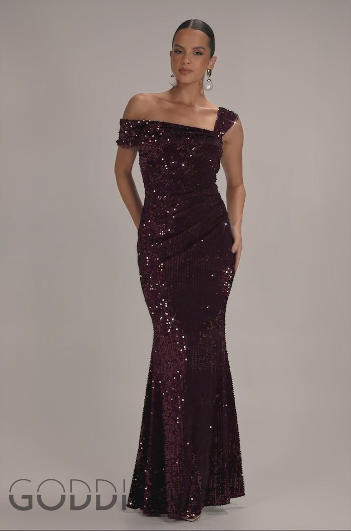 Asymmetric Off Shoulder Pleated Waist Maxi Dress - Plum DR5171